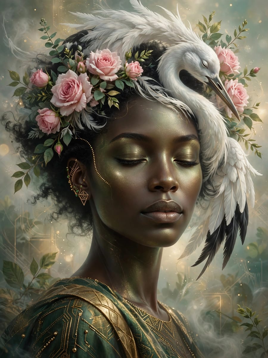 Crowned Grace — portrait with crane and roses
